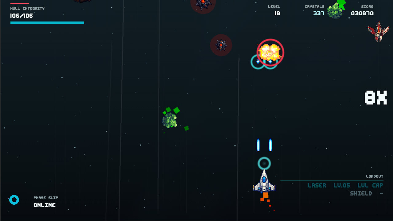 Crystal Drive Z gameplay with crystals, asteroids and an enemy raider