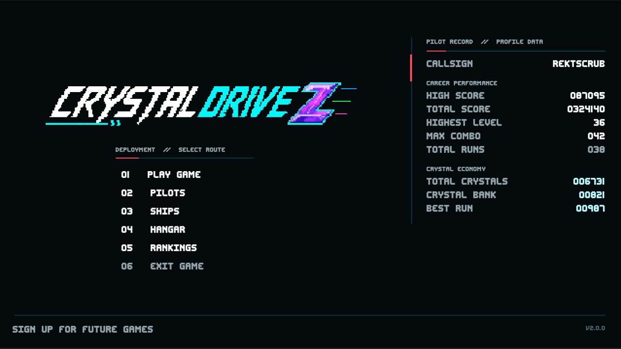 Crystal Drive Z main menu and career records