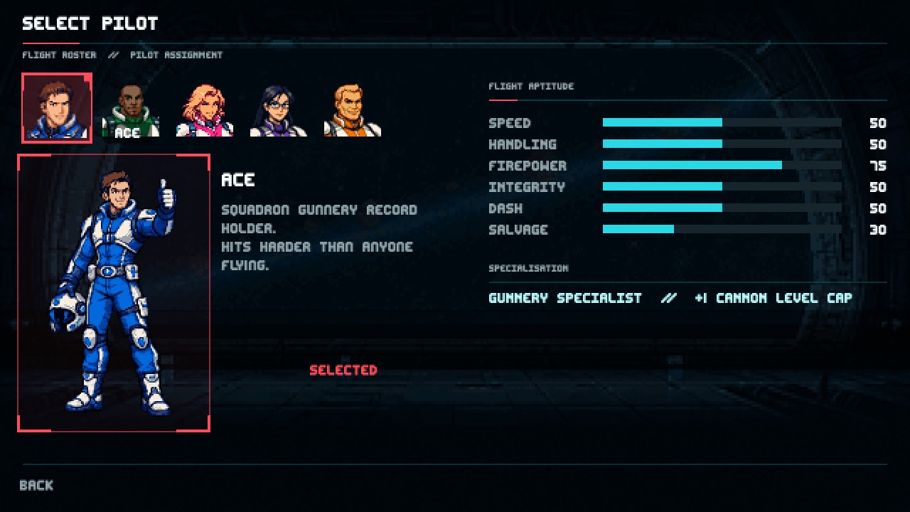 Crystal Drive Z pilot select, with Ace chosen from a roster of five pilots