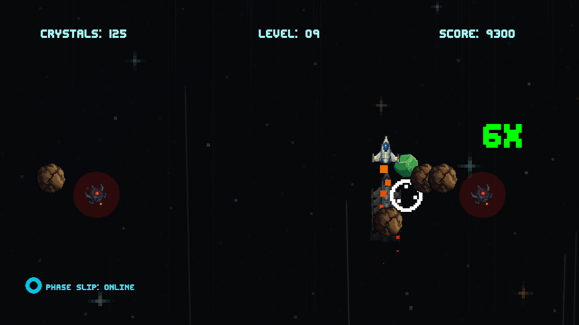 Crystal Drive gameplay with a ship catching a crystal at a six-times combo