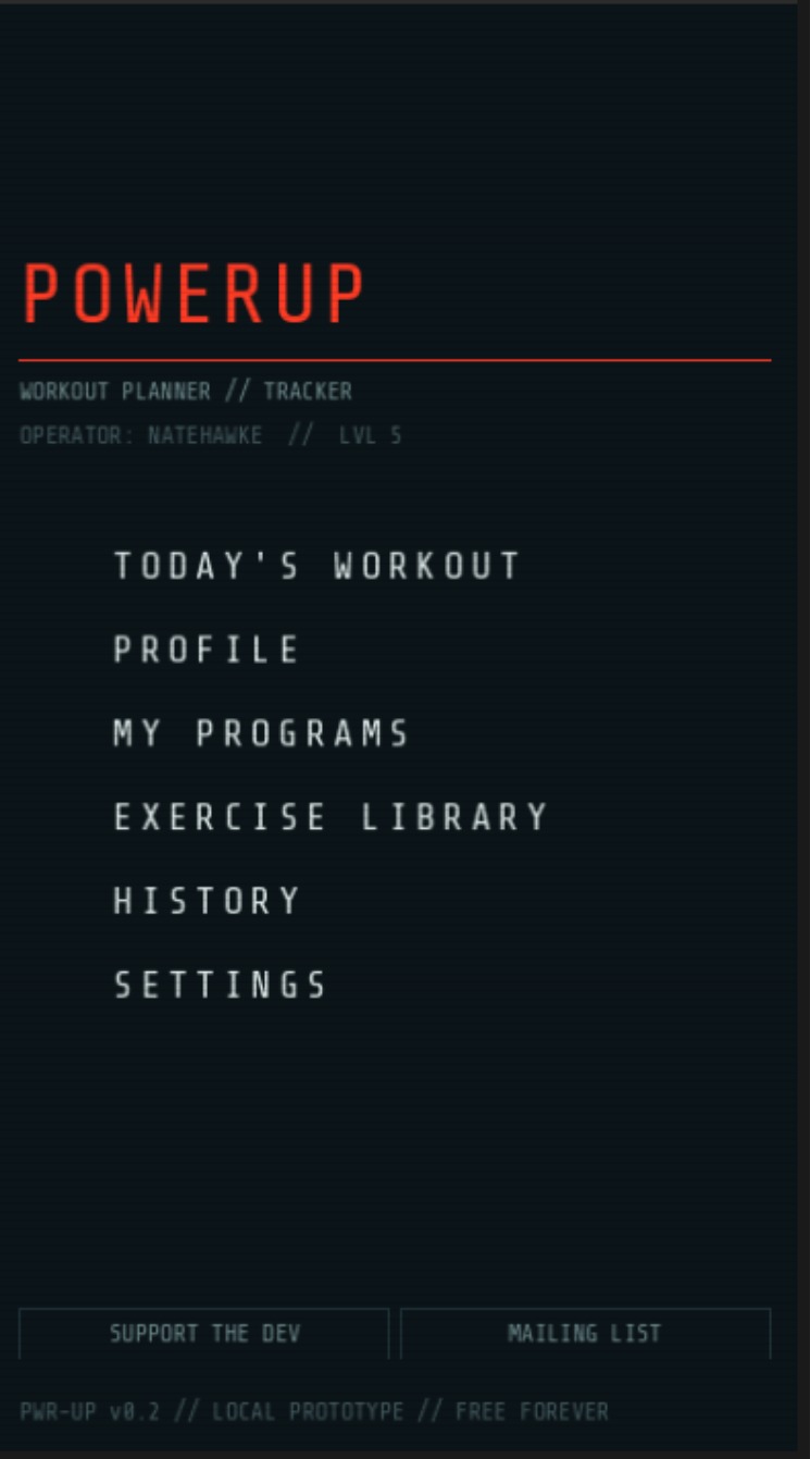 PowerUp Workout main menu