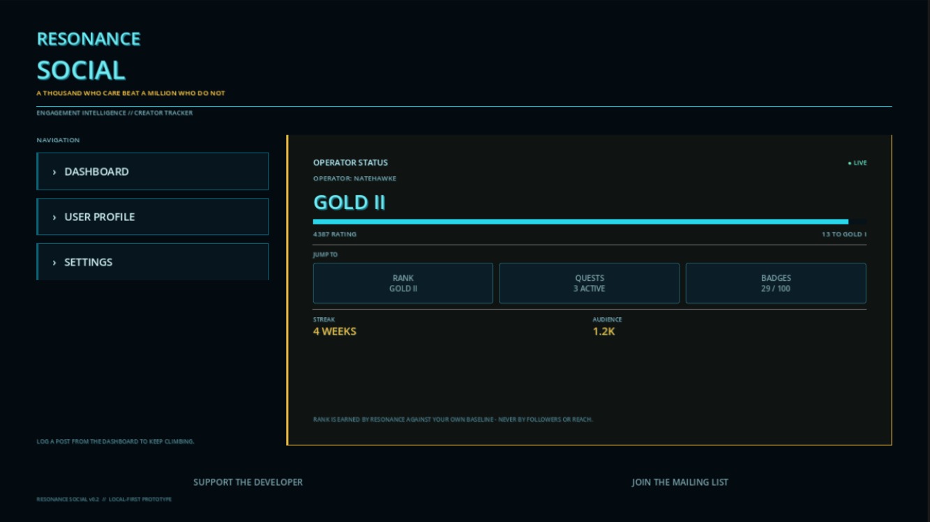 Resonance Social home screen showing rank, progress, quests and badges